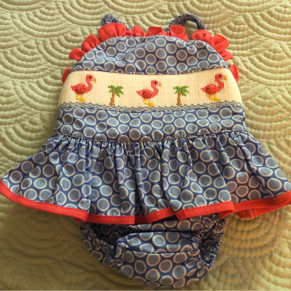 COPY - Anavini Infant Girls Hand Smocked Bathing Suit Flamingos size 12m